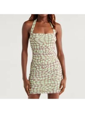 AFRM Bonnie Halter Neck Mesh Minidress - Minty Plaid